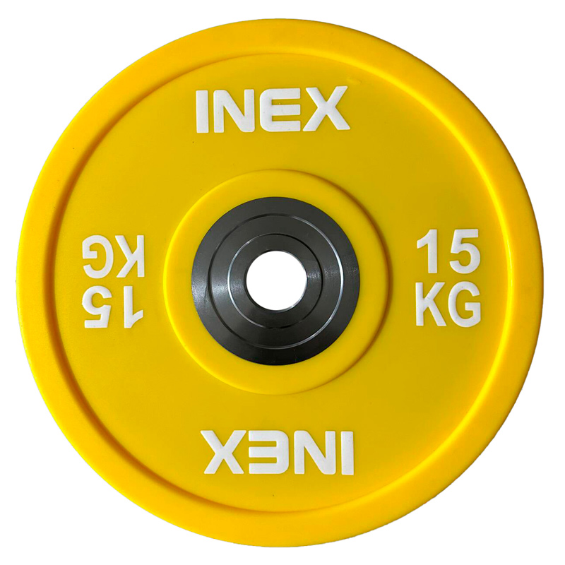 Олимпийский диск в уретане INEX PU Bumper Plate 15 кг, желтый/белый