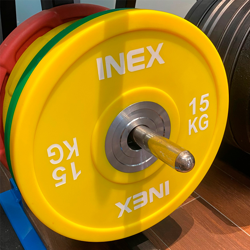 Олимпийский диск в уретане INEX PU Bumper Plate 15 кг, желтый/белый