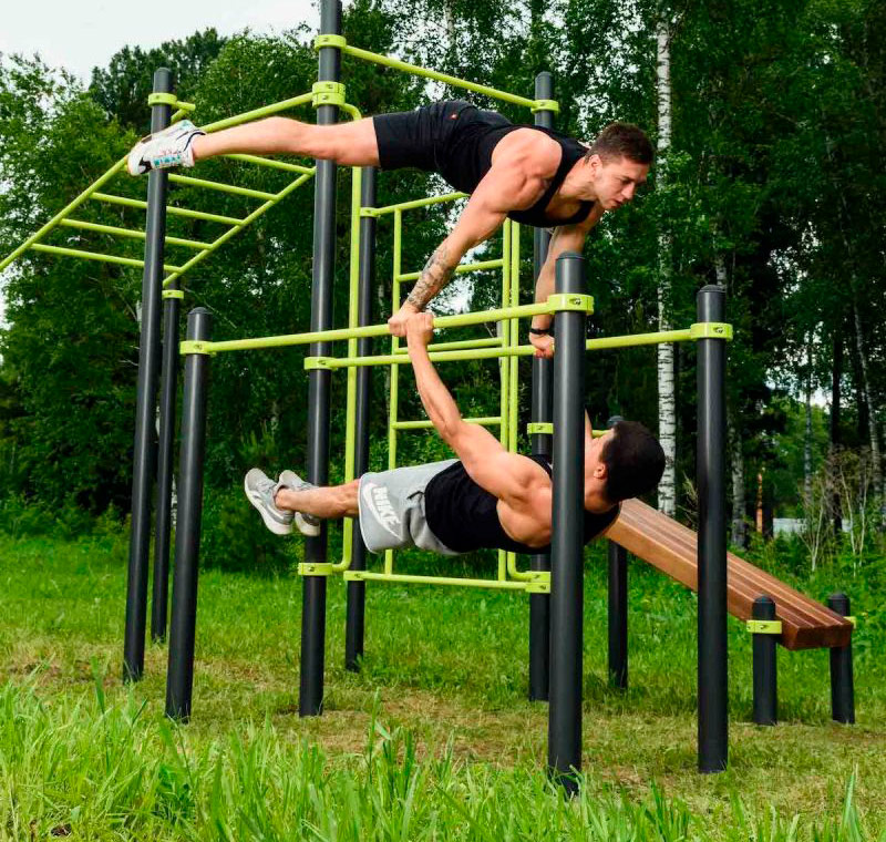 Уличный воркаут комплекс (рукоход, швед. стенка, 2 переклад., переклад. верт., накл. скамья, брусья) ЗС-502