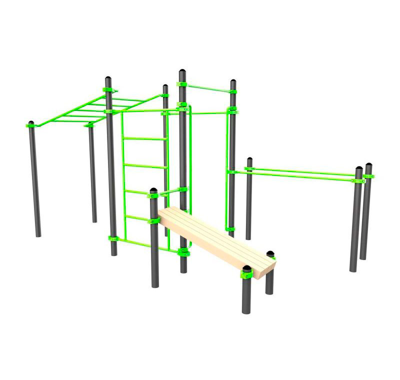 Уличный воркаут комплекс (рукоход, швед. стенка, 2 переклад., переклад. верт., накл. скамья, брусья) ЗС-502
