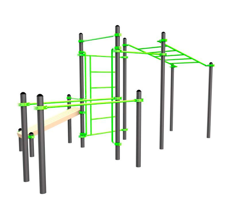 Уличный воркаут комплекс (рукоход, швед. стенка, 2 переклад., переклад. верт., накл. скамья, брусья) ЗС-502