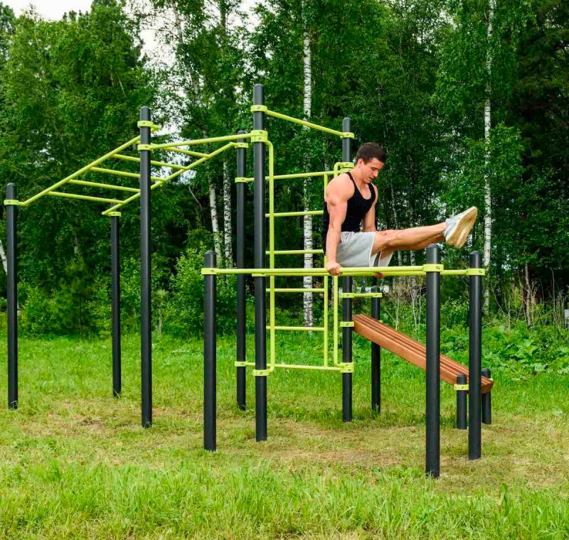 Уличный воркаут комплекс (рукоход, швед. стенка, 2 переклад., переклад. верт., накл. скамья, брусья) ЗС-502