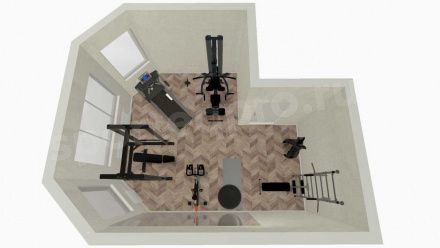 3D расстановка тренажеров в домашнем спортзале площадью 25 кв. м.