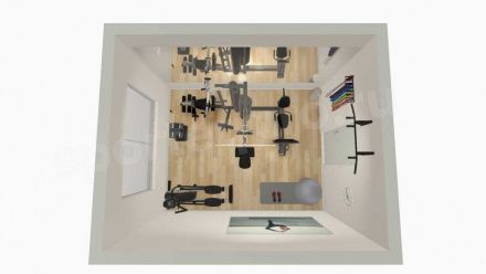 3D расстановка тренажеров в домашнем спортзале площадью 20 кв. м.