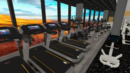 3D расстановка тренажеров в корпоративном спортзале площадью 160 кв. м.