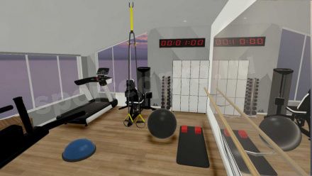 3D-расстановка тренажеров в домашнем спортзале площадью 30 кв. м.
