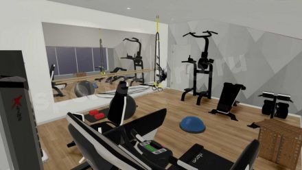 3D-расстановка тренажеров в домашнем спортзале площадью 30 кв. м.