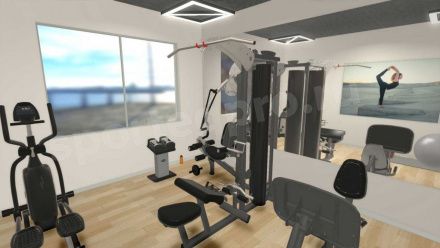 3D расстановка тренажеров в домашнем спортзале площадью 20 кв. м.